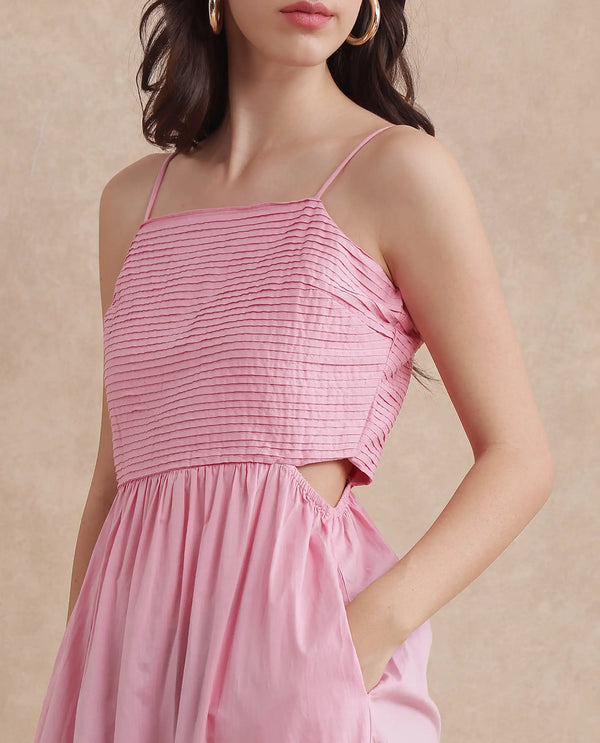 Rareism Women's Schor Pink Cotton Fabric Shoulder Straps Zipper Closure  Plain Fit And Flare Maxi Dress