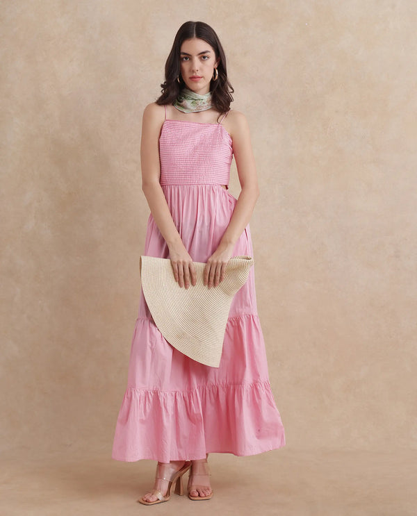 Rareism Women's Schor Pink Cotton Fabric Shoulder Straps Zipper Closure  Plain Fit And Flare Maxi Dress