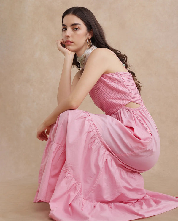Rareism Women's Schor Pink Cotton Fabric Shoulder Straps Zipper Closure  Plain Fit And Flare Maxi Dress