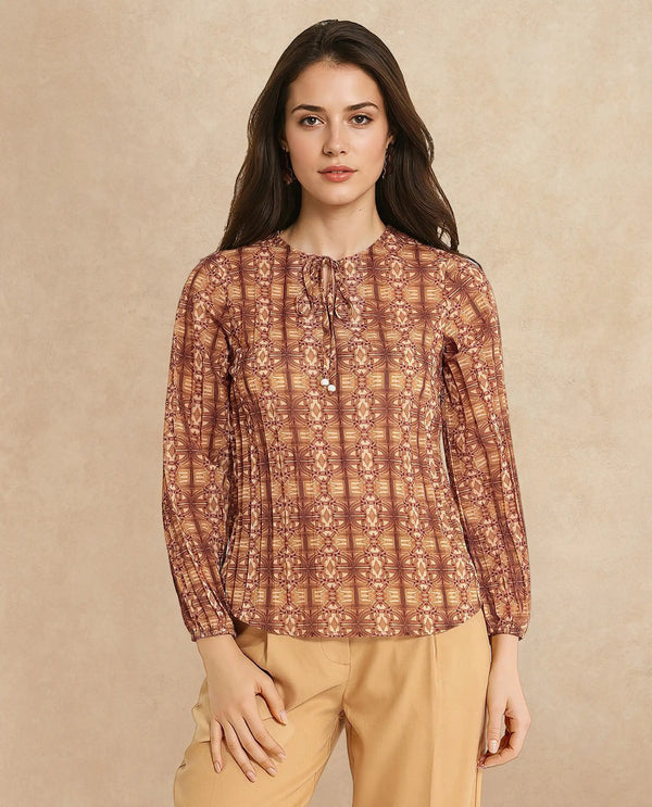 Rareism Women Scoob Brown 3/4Th Sleeve Tie-Up Neck Tie Up Closure Relaxed Fit Abstract Print Top