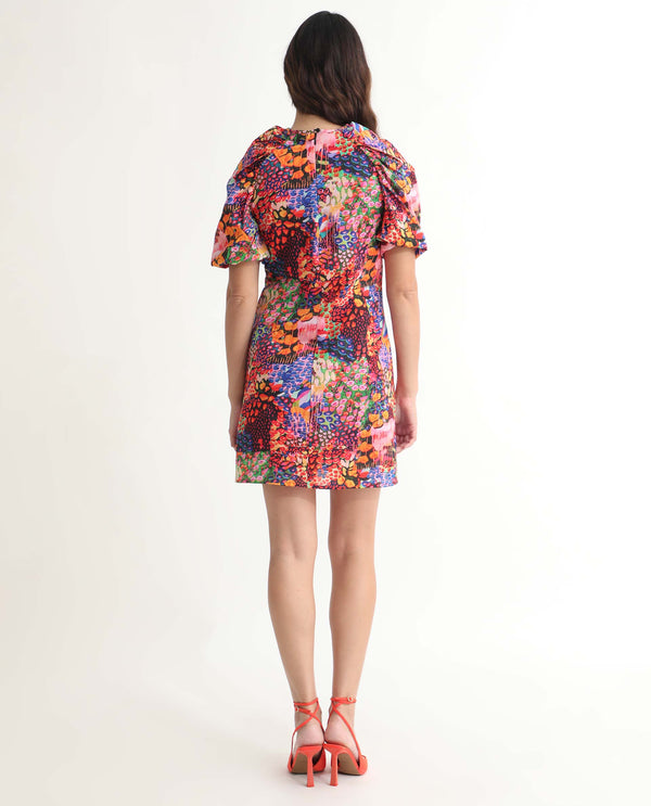 Rareism Women Scott Multi Cotton Fabric Short Sleeves Zip Closure Round Neck Puff Sleeve Slim Fit Floral Print Short Asymmetric Dress