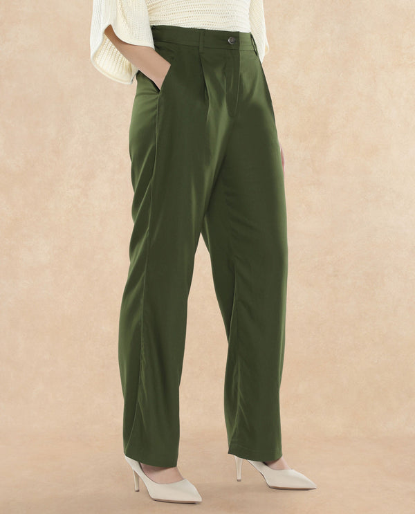 Rareism Women Seanpo Olive Button Closure Ankle Length Plain Trouser