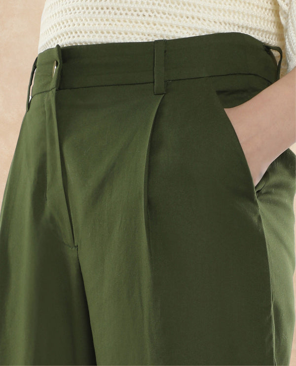 Rareism Women Seanpo Olive Button Closure Ankle Length Plain Trouser