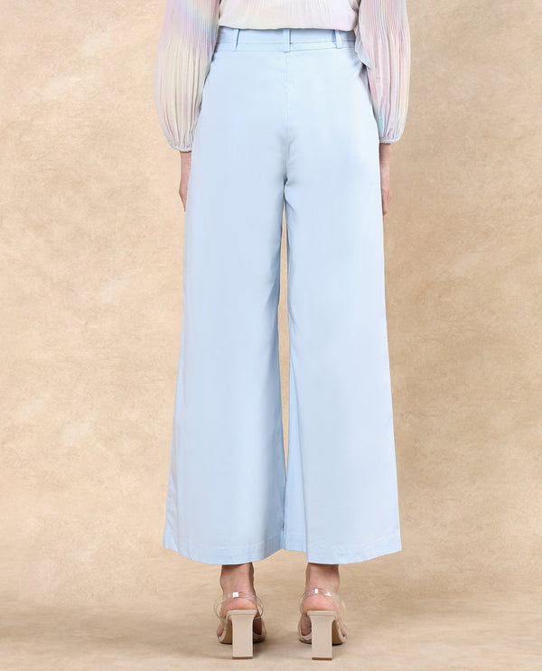 Rareism Women Sebern Light Blue Cotton Blend Fabric Button Closure Flared Ankle Length Plain Trouser