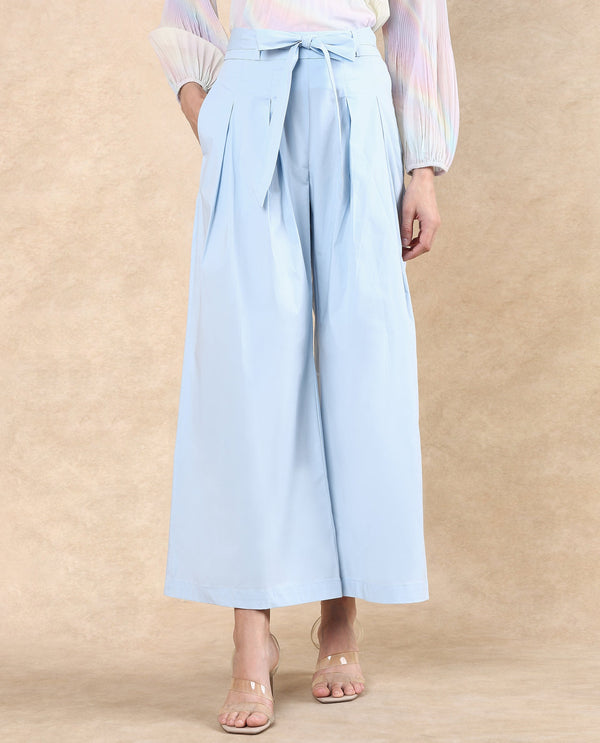 Rareism Women Sebern Light Blue Cotton Blend Fabric Button Closure Flared Ankle Length Plain Trouser