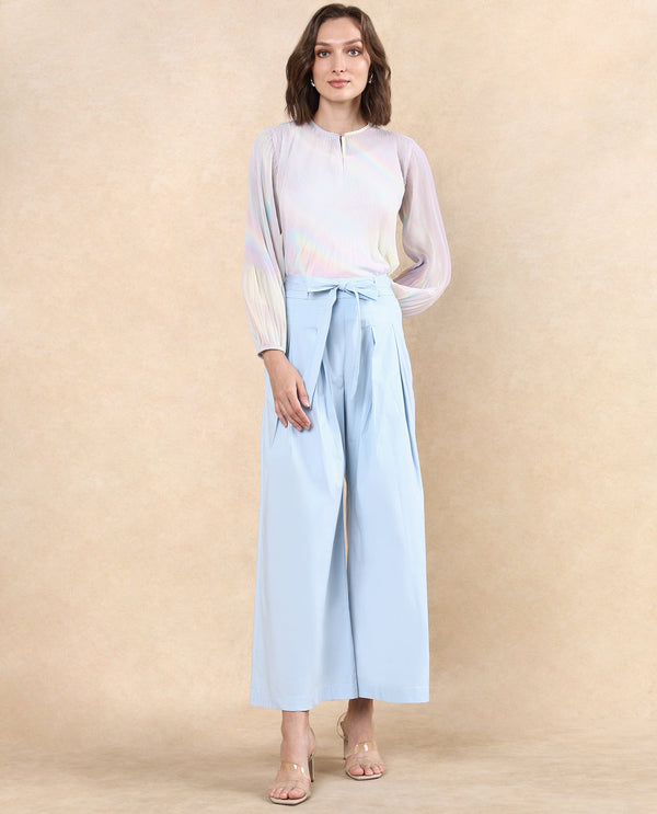 Rareism Women Sebern Light Blue Cotton Blend Fabric Button Closure Flared Ankle Length Plain Trouser