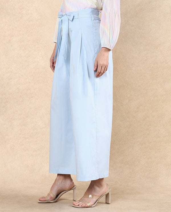 Rareism Women Sebern Light Blue Cotton Blend Fabric Button Closure Flared Ankle Length Plain Trouser