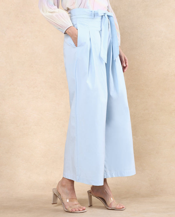 Rareism Women Sebern Light Blue Cotton Blend Fabric Button Closure Flared Ankle Length Plain Trouser