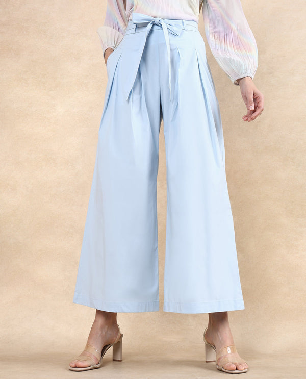 Rareism Women Sebern Light Blue Cotton Blend Fabric Button Closure Flared Ankle Length Plain Trouser