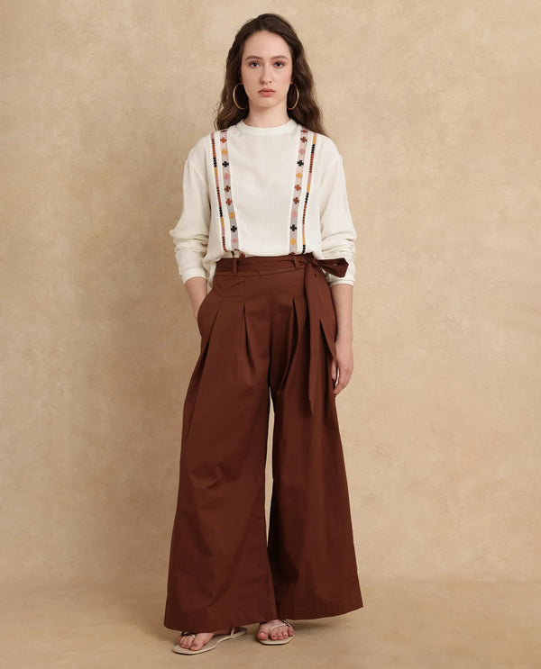 Rareism Women Sebern Brown Cotton Blend Fabric Button Closure Flared Ankle Length Plain Trouser