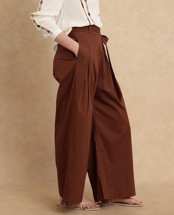 Rareism Women Sebern Brown Cotton Blend Fabric Button Closure Flared Ankle Length Plain Trouser