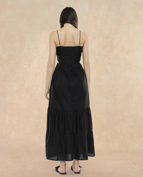 Rareism Women Schor Black Cotton Fabric Sleeveless Shoulder Straps Zipper Closure Maxi Maxi Plain Dress