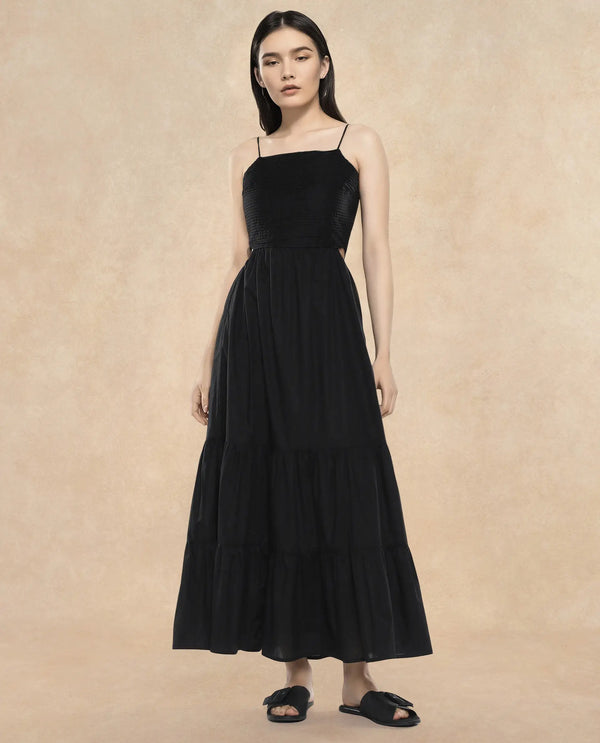 Rareism Women Schor Black Cotton Fabric Sleeveless Shoulder Straps Zipper Closure Maxi Maxi Plain Dress