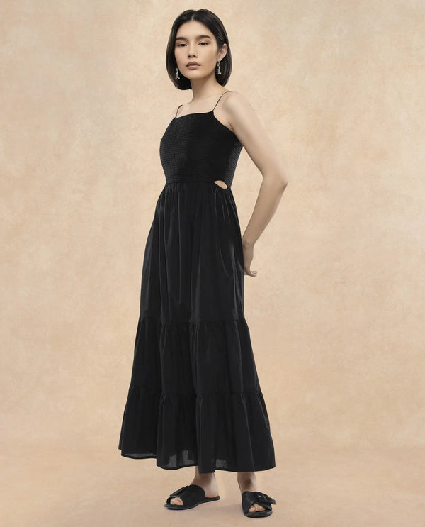 Rareism Women Schor Black Cotton Fabric Sleeveless Shoulder Straps Zipper Closure Maxi Maxi Plain Dress