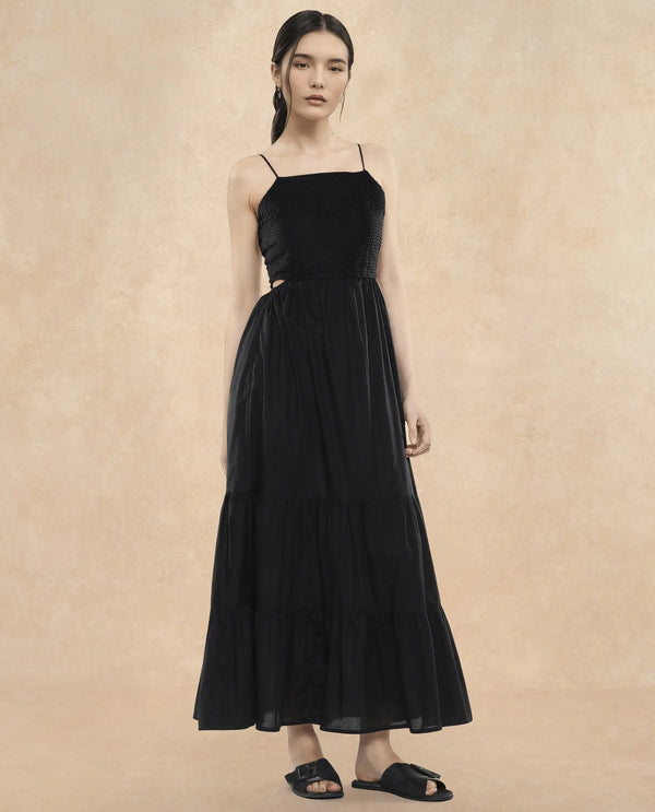 Rareism Women Schor Black Cotton Fabric Sleeveless Shoulder Straps Zipper Closure Maxi Maxi Plain Dress