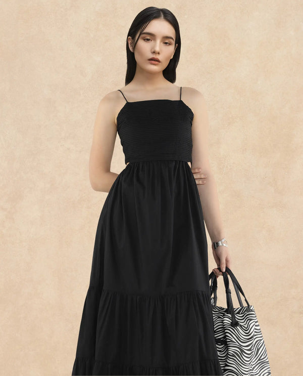 Rareism Women Schor Black Cotton Fabric Sleeveless Shoulder Straps Zipper Closure Maxi Maxi Plain Dress