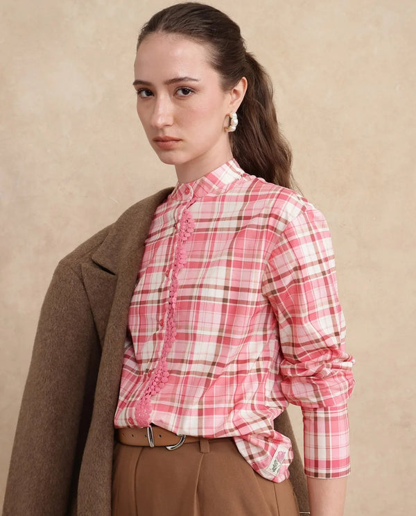 Rareism Women Sekkum Light Pink Cuffed Sleeve Mandarin Collar Regular Fit Checked Shirt