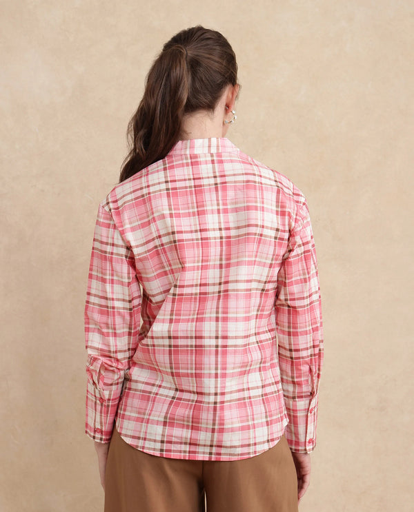 Rareism Women Sekkum Light Pink Cuffed Sleeve Mandarin Collar Regular Fit Checked Shirt