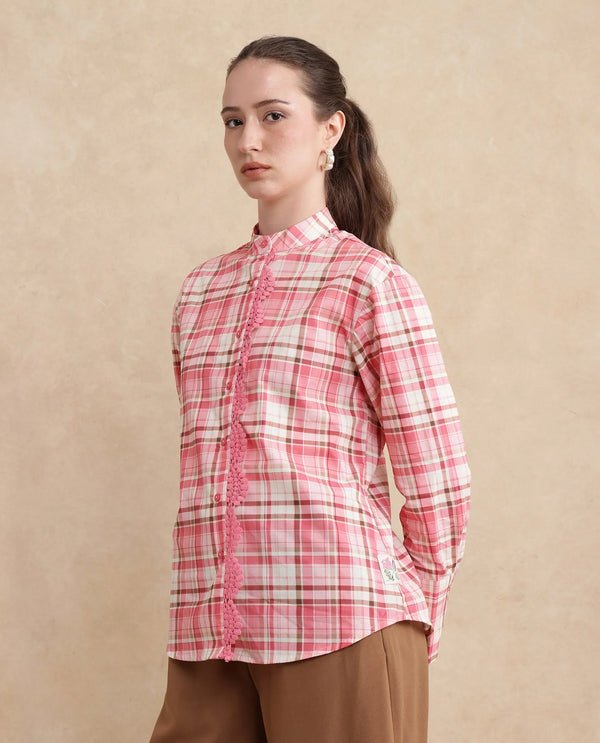 Rareism Women Sekkum Light Pink Cuffed Sleeve Mandarin Collar Regular Fit Checked Shirt