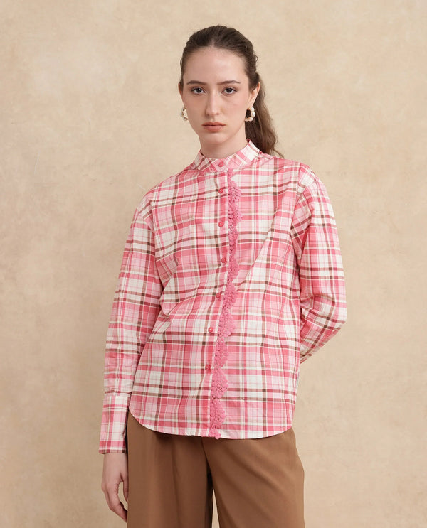 Rareism Women Sekkum Light Pink Cuffed Sleeve Mandarin Collar Regular Fit Checked Shirt