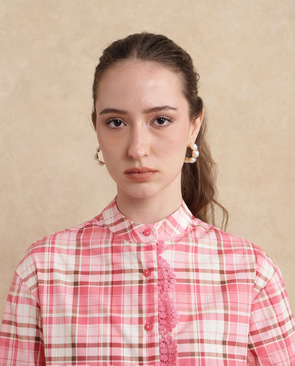 Rareism Women Sekkum Light Pink Cuffed Sleeve Mandarin Collar Regular Fit Checked Shirt