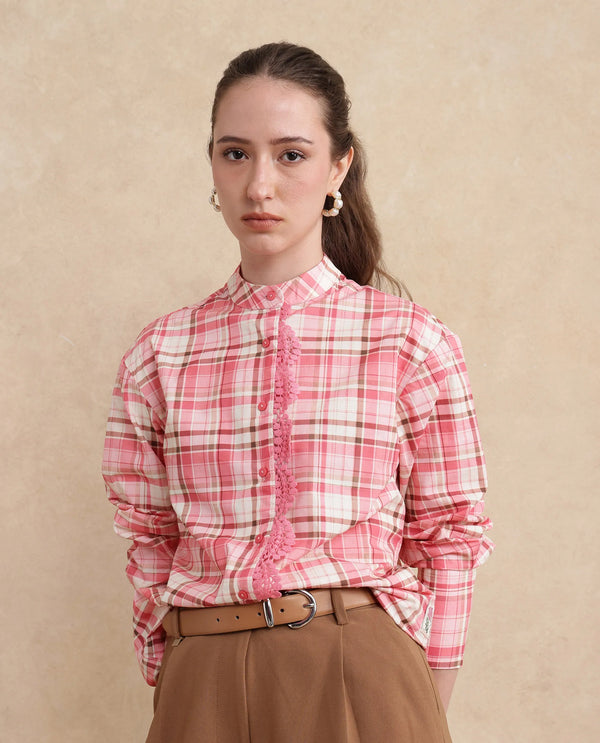 Rareism Women Sekkum Light Pink Cuffed Sleeve Mandarin Collar Regular Fit Checked Shirt