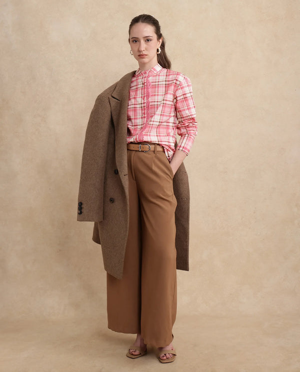 Rareism Women Sekkum Light Pink Cuffed Sleeve Mandarin Collar Regular Fit Checked Shirt