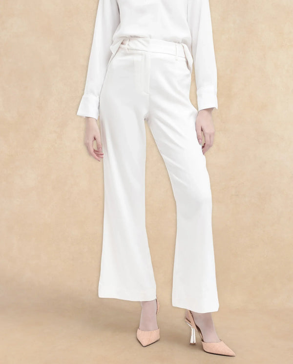 Rareism Women Selene-SC White Cotton Fabric Zipper Closure Solid Regular Fit Trouser