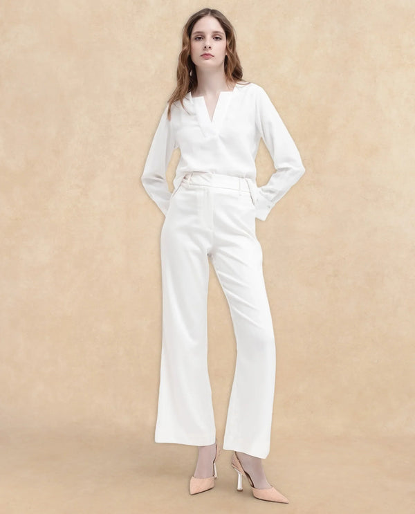 Rareism Women Selene-SC White Cotton Fabric Zipper Closure Solid Regular Fit Trouser