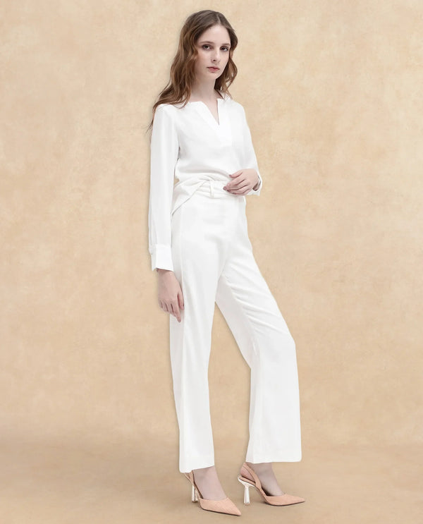 Rareism Women Selene-SC White Cotton Fabric Zipper Closure Solid Regular Fit Trouser