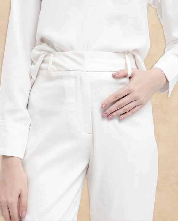 Rareism Women Selene-SC White Cotton Fabric Zipper Closure Solid Regular Fit Trouser