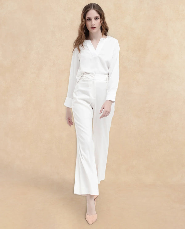 Rareism Women Selene-SC White Cotton Fabric Zipper Closure Solid Regular Fit Trouser