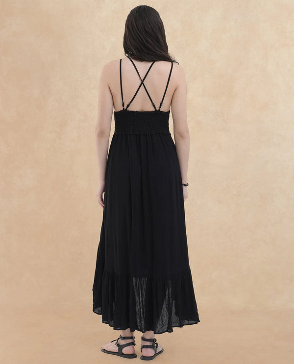 Rareism Women's Semolina Black  Shoulder Straps Slip-On Closure Sleeveless Plain Fit And Flare Maxi Dress