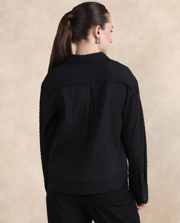Rareism Women Semsu Black Cuffed Sleeve Collared Neck Plain Shirt
