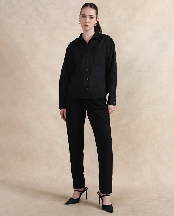Rareism Women Semsu Black Cuffed Sleeve Collared Neck Plain Shirt