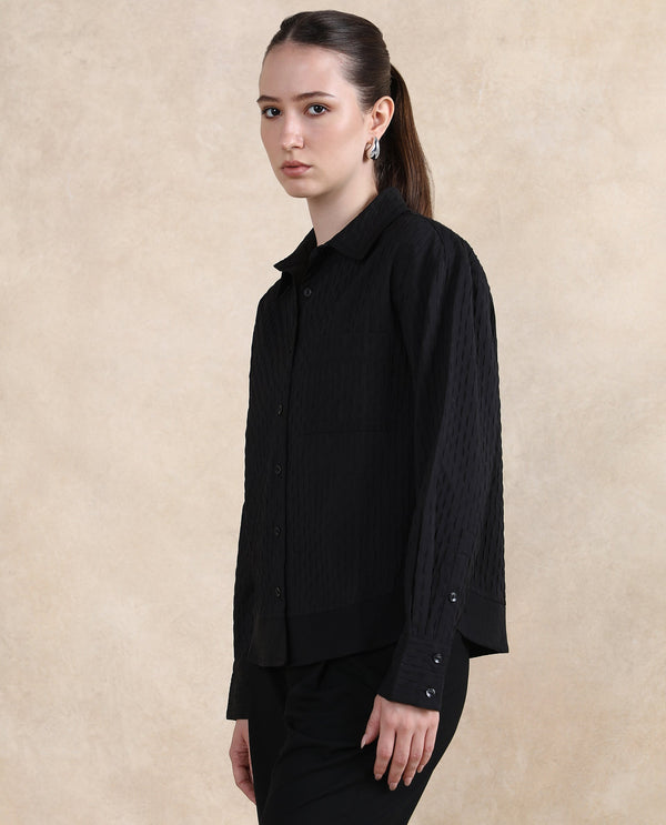 Rareism Women Semsu Black Cuffed Sleeve Collared Neck Plain Shirt