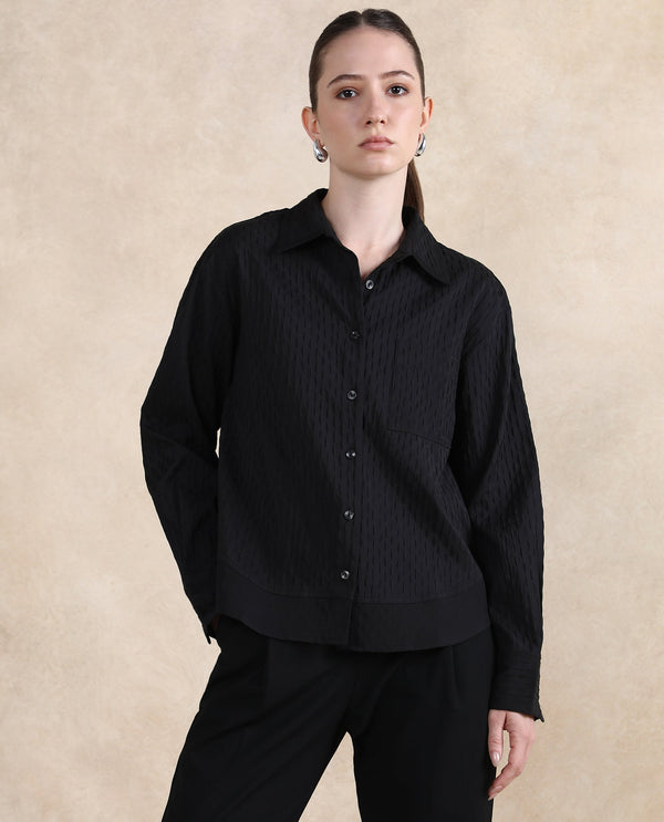 Rareism Women Semsu Black Cuffed Sleeve Collared Neck Plain Shirt