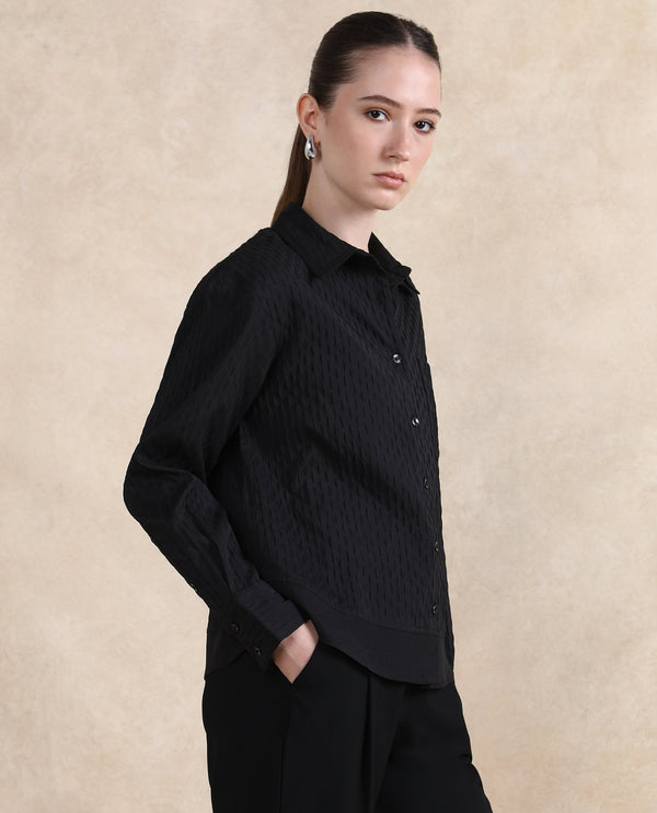 Rareism Women Semsu Black Cuffed Sleeve Collared Neck Plain Shirt