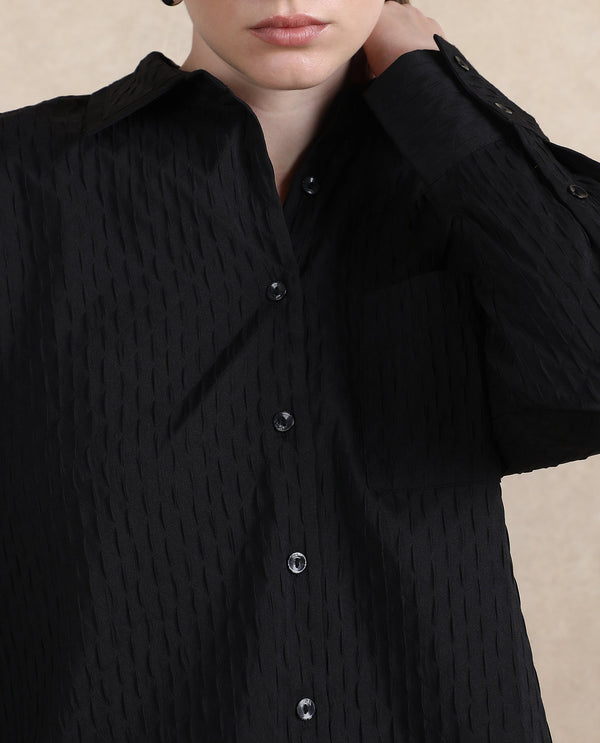 Rareism Women Semsu Black Cuffed Sleeve Collared Neck Plain Shirt