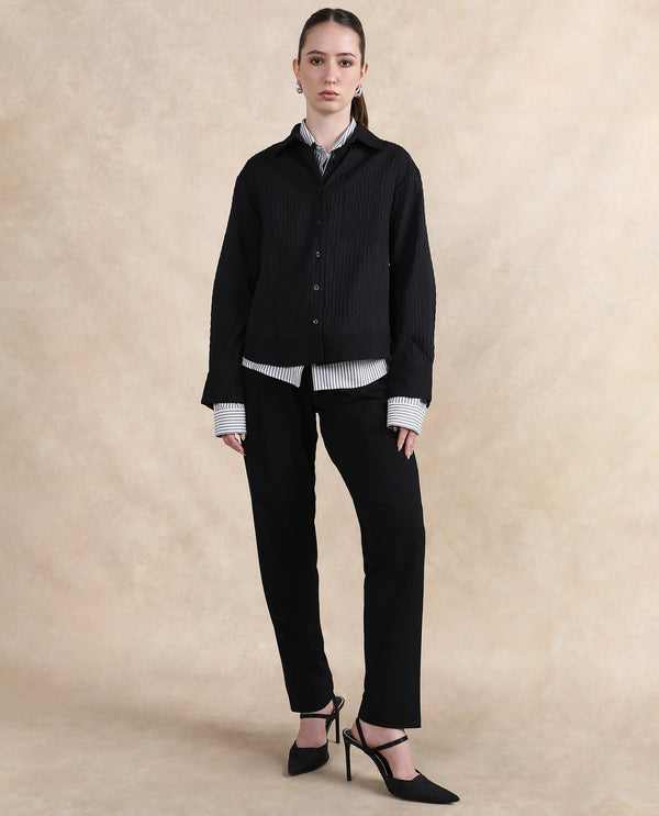 Rareism Women Semsu Black Cuffed Sleeve Collared Neck Plain Shirt