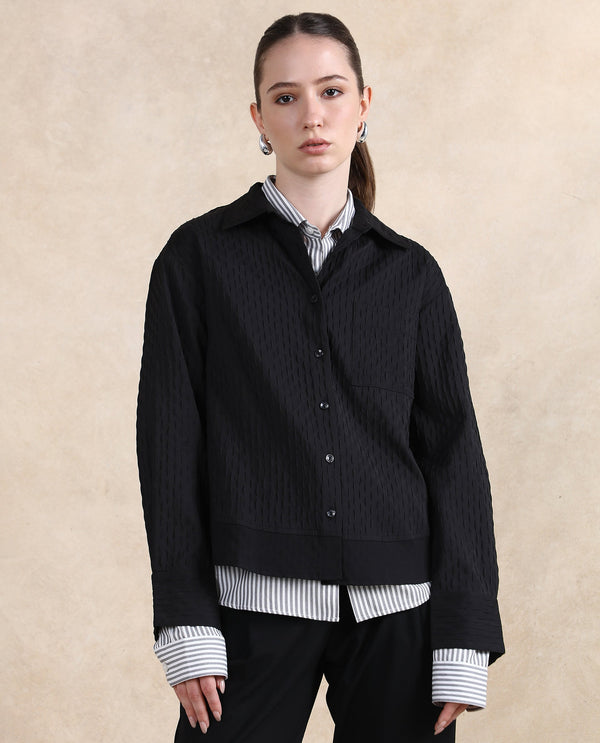 Rareism Women Semsu Black Cuffed Sleeve Collared Neck Plain Shirt