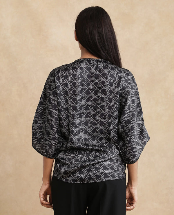 Rareism Women Sepia Dark Black Polyester Fabric Short Sleeves V-Neck Extended Sleeve Regular Fit Geometric Print Top