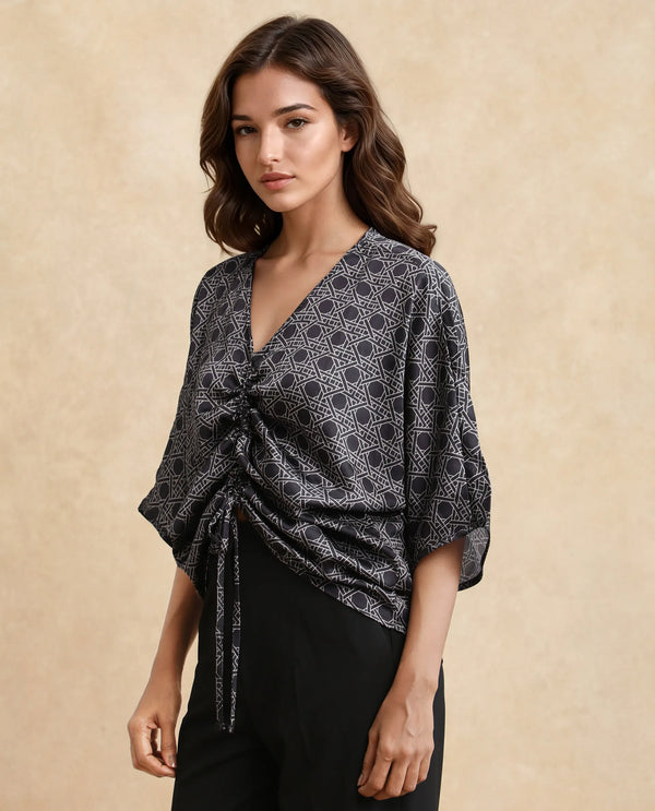 Rareism Women Sepia Dark Black Polyester Fabric Short Sleeves V-Neck Extended Sleeve Regular Fit Geometric Print Top
