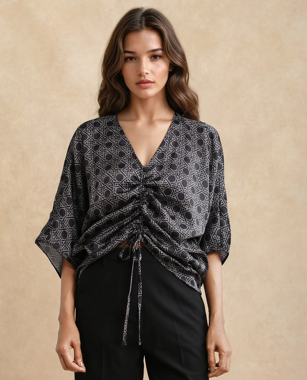 Rareism Women Sepia Dark Black Polyester Fabric Short Sleeves V-Neck Extended Sleeve Regular Fit Geometric Print Top