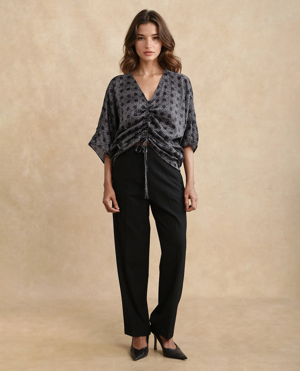 Rareism Women Sepia Dark Black Polyester Fabric Short Sleeves V-Neck Extended Sleeve Regular Fit Geometric Print Top
