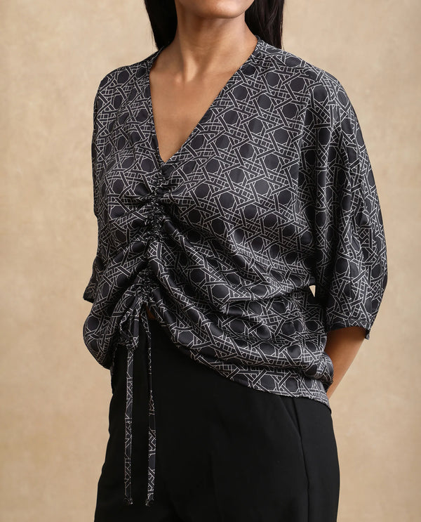 Rareism Women Sepia Dark Black Polyester Fabric Short Sleeves V-Neck Extended Sleeve Regular Fit Geometric Print Top