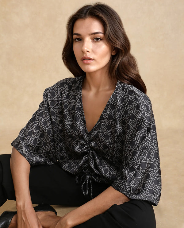 Rareism Women Sepia Dark Black Polyester Fabric Short Sleeves V-Neck Extended Sleeve Regular Fit Geometric Print Top