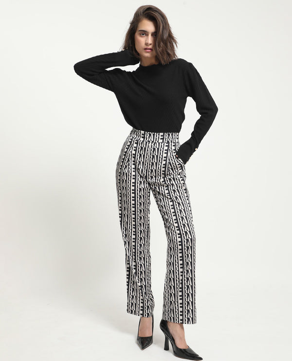Rareism Women Atantit Black Polyester Fabric Tailored Fit Geometric Print Ankle Length Trousers