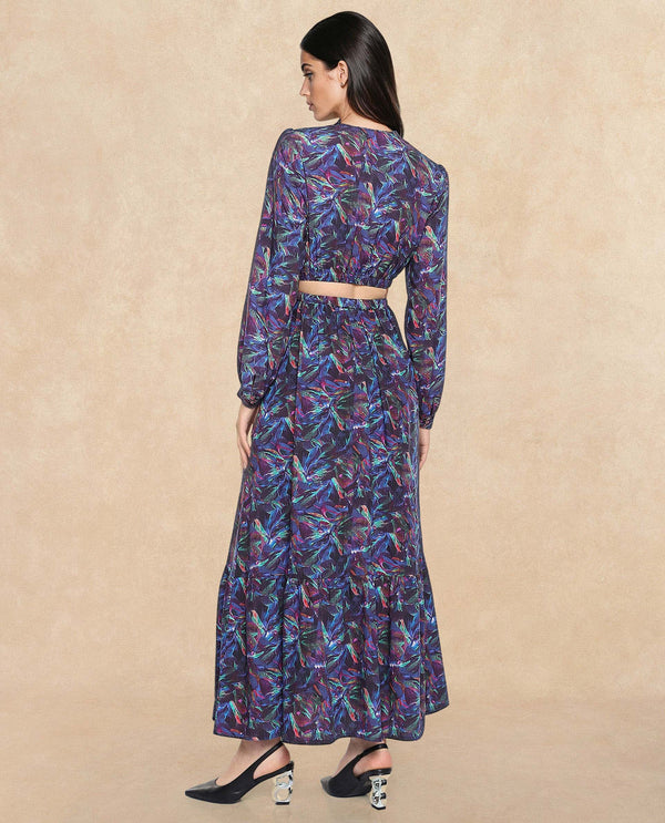 Rareism Women Seppo Dark Multi Viscose Fabric Bishop Sleeves Over Lap Neck Fit And Flare Maxi Abstract Print Dress