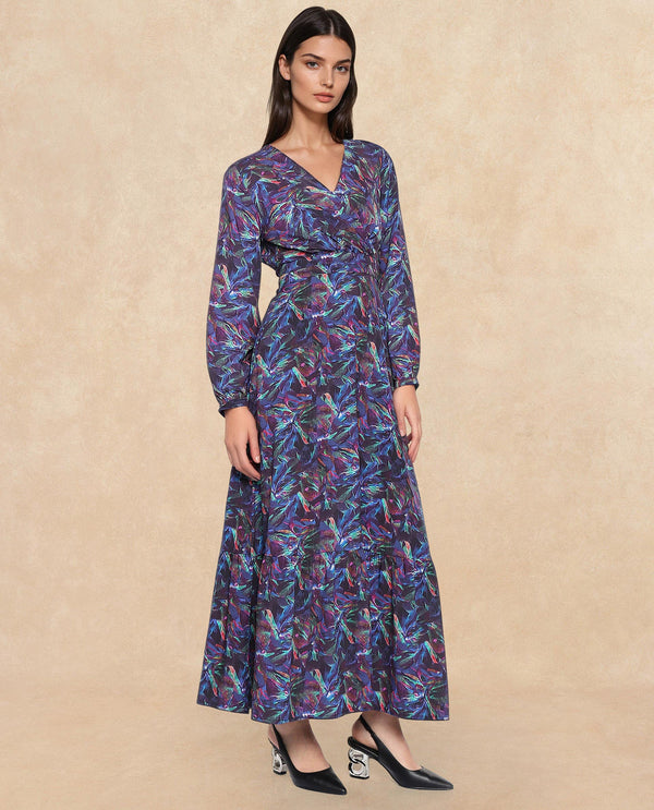 Rareism Women Seppo Dark Multi Viscose Fabric Bishop Sleeves Over Lap Neck Fit And Flare Maxi Abstract Print Dress